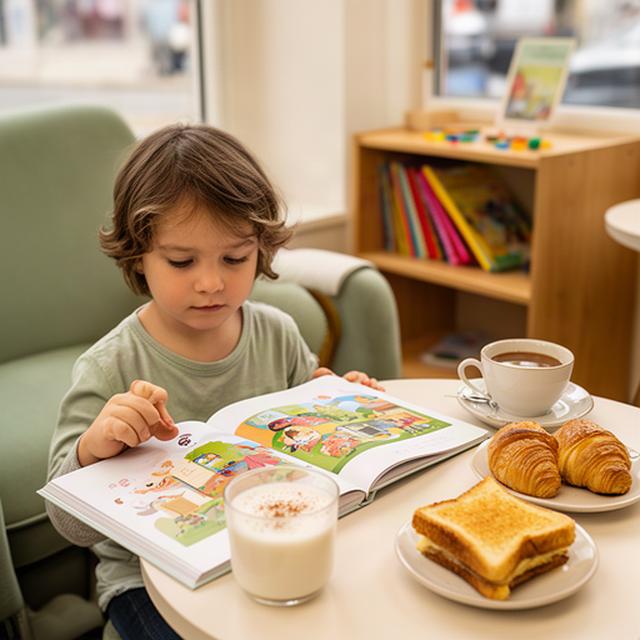 Criança a folhear um livro junto de uma mesa com chá e pastelaria numa sala de chá acolhedora em Almada