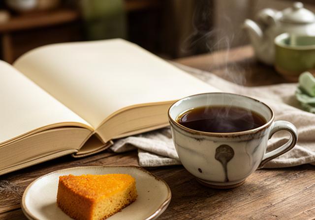 Livros abertos junto a uma chávena de chá numa mesa de madeira da sala de chá