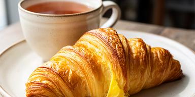Croissant de manteiga dourado servido num prato de cerâmica junto a chá quente