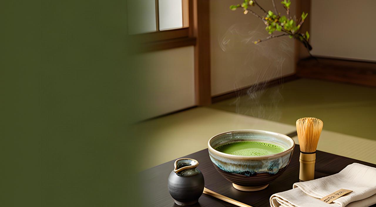 Cerimónia japonesa do chá numa sala tranquila de Almada, com taça de matcha e utensílios tradicionais