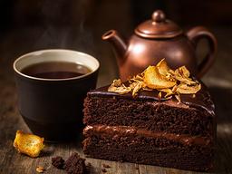 Chá Assam escuro junto a uma fatia de bolo de chocolate com tosta