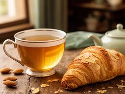 Chá Darjeeling servido ao lado de croissant de amêndoa numa mesa de madeira