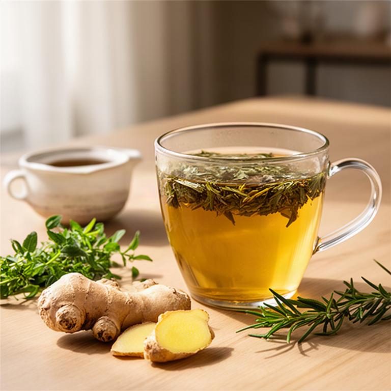 Chávena de vidro com infusão dourada, gengibre fresco e ervas aromáticas numa mesa serena da sala de chá em Almada