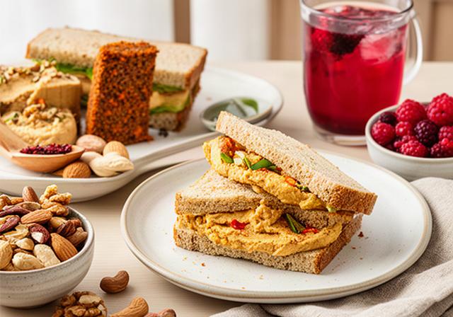Menu de chá da tarde vegano com húmus, bolo de cenoura e frutos secos