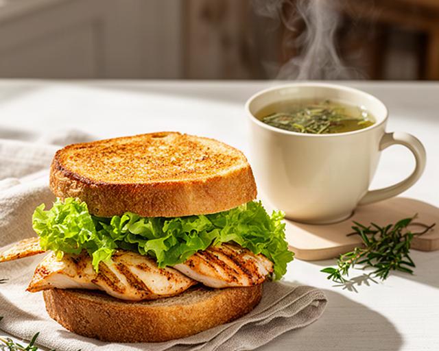 Sandes de frango grelhado com folhas frescas e chá de ervas servido numa mesa luminosa