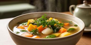 Tigela de sopa de legumes sazonais com ervas frescas numa sala de chá