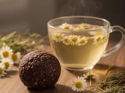 Trufa de cacau cru junto de uma chávena de infusão relaxante com camomila